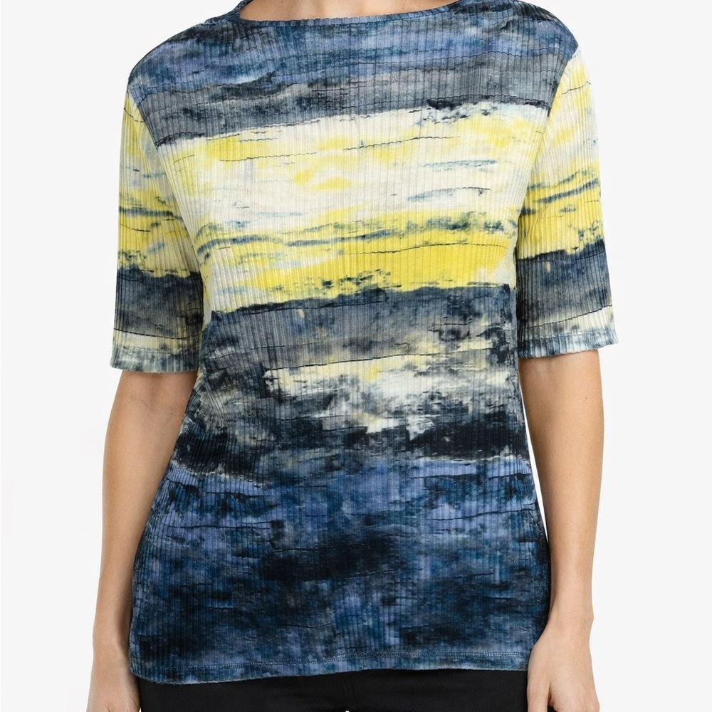 3/$25NWT Calvin Klein Ribbed Modern Abstract Top | Blue Yellow Art Print | Large